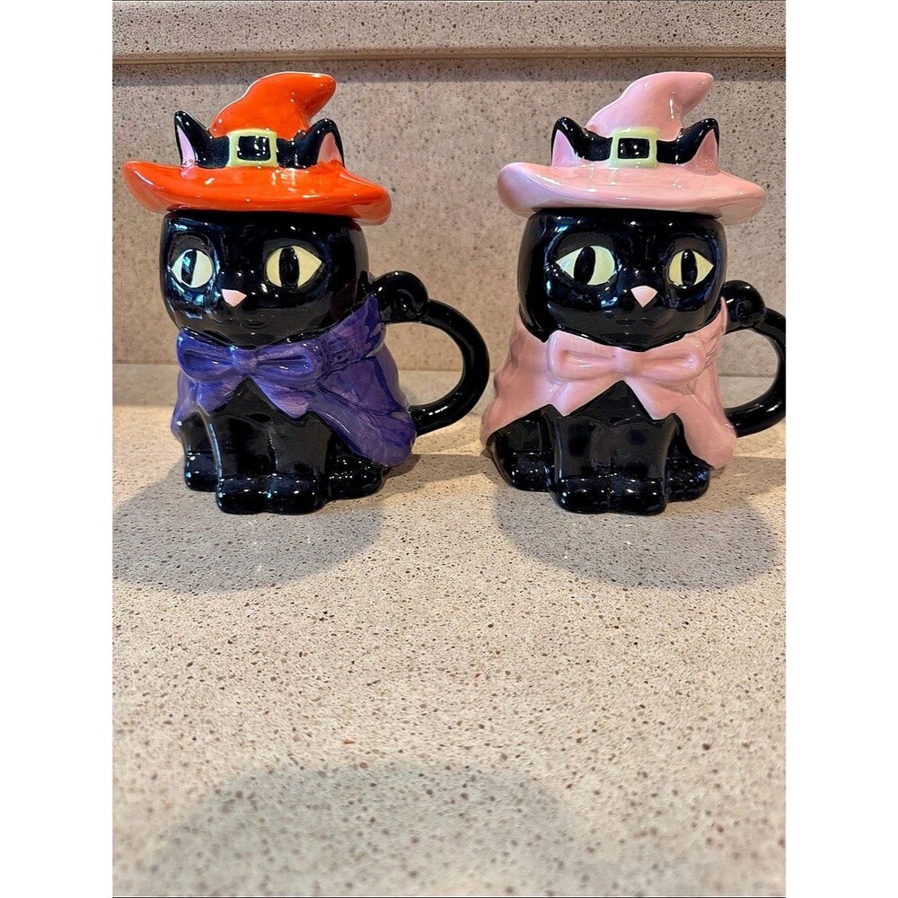 Jack O’ Lantern Lane Halloween Witch Cat Mugs Set of 2 Orange and Pink - Picture 1 of 8
